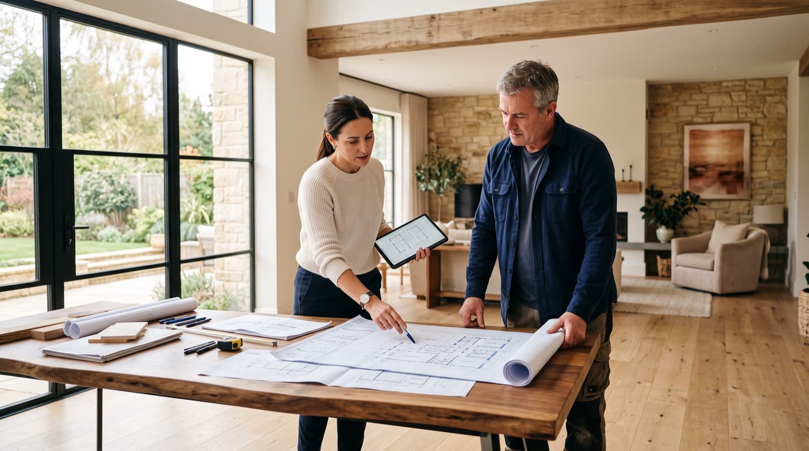 A JL Development builder and an architect reviewing house plans together in a finished custom home
